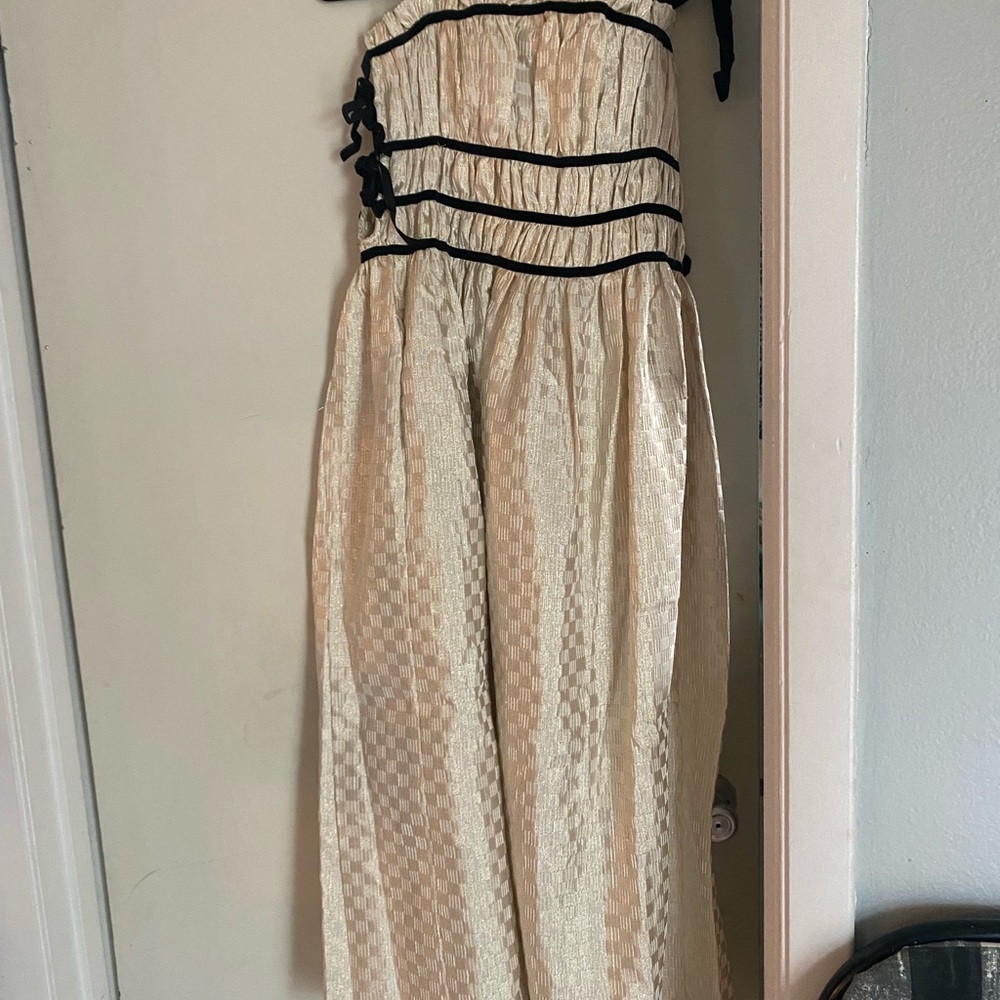 Glitter Cream Midi Dress with Black Velvet Ribbon